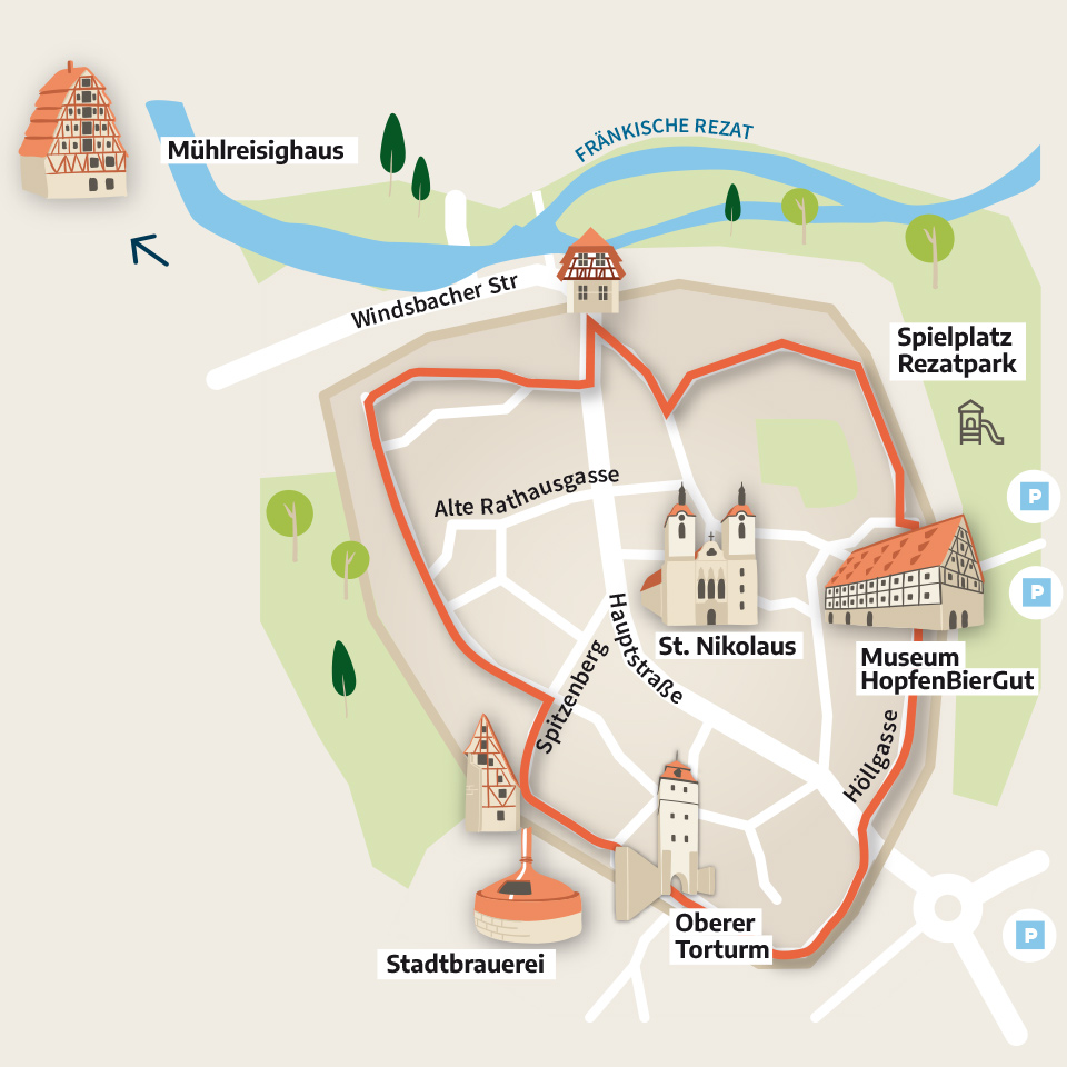 Karte des Stadtspaziergangs Spalt